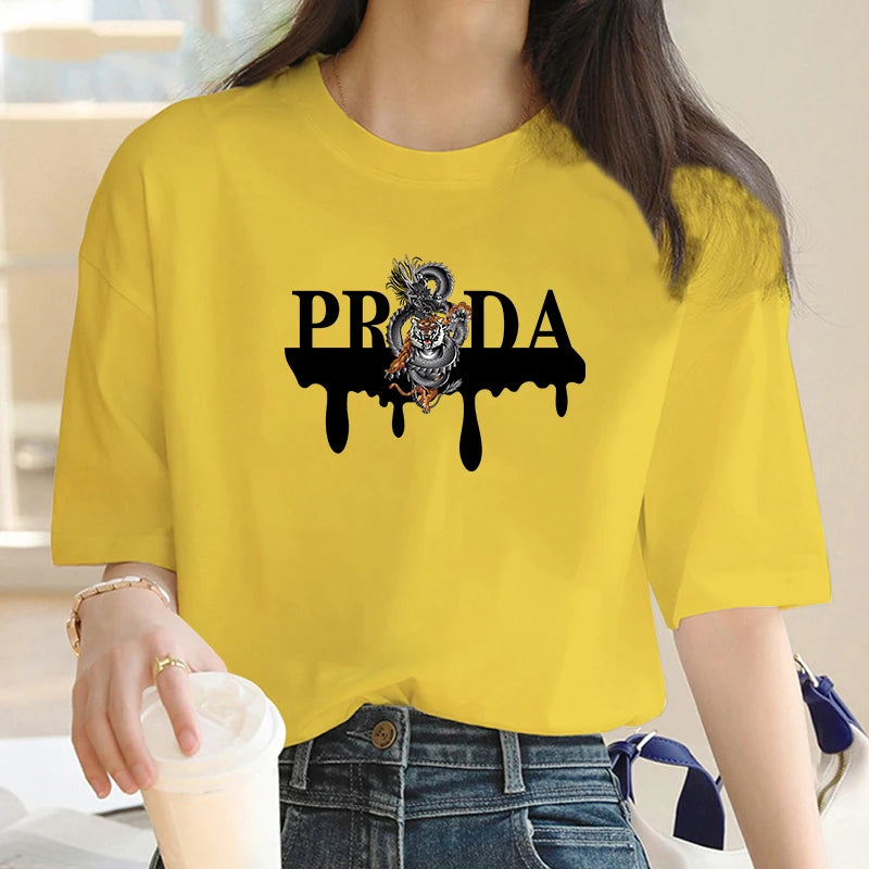 Dragon and Tiger Pattern Printed Short Sleeve T-Shirt